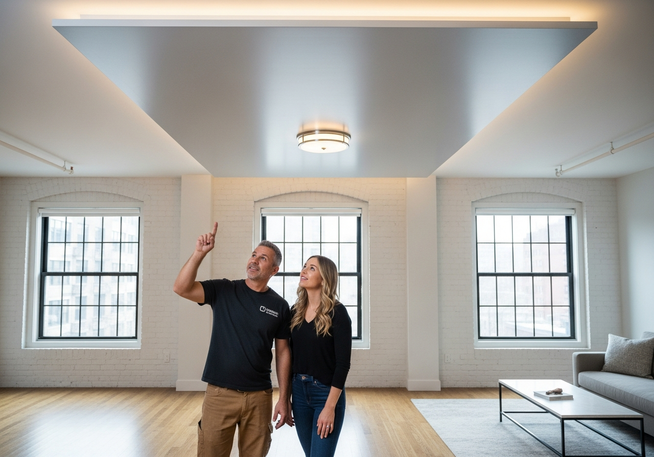 Contractor and homeowner reviewing completed soundproofed ceiling in a NYC apartment